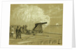 Scene on the dock at the Rip Raps. Testing the Sawyer gun and projectile, a shell bursting on the rebel batteries at Sewells Point, 1861 by Alfred R Waud