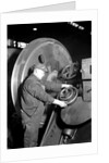 Eddystone, Pennsylvania - Railroad parts. Machinist machining wheel to fit driving pin on above wheels on newest type of locomotive, March 1937 by Lewis Hine