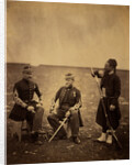 Two French officers, seated, and Zouave, standing with arm resting on rifle, Crimean War by Roger Fenton