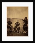 Two French officers, seated, and Zouave, standing with arm resting on rifle, Crimean War by Roger Fenton