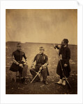 Two French officers, seated, and Zouave, standing with arm resting on rifle, Crimean War by Roger Fenton