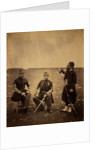 Two French officers, seated, and Zouave, standing with arm resting on rifle, Crimean War by Roger Fenton