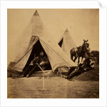 Officer of the 57th Regiment sitting with a sword across his lap at opening to his tent by Roger Fenton