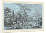 Cattle and Figures at a Farmyard Stream by Marco Ricci