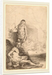 Nude Man Seated and Nude Man Standing, with a Woman and Baby in the Background, c. 1646 by Rembrandt van Rijn