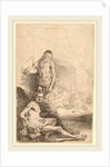 Nude Man Seated and Nude Man Standing, with a Woman and Baby in the Background, c. 1646 by Rembrandt van Rijn
