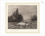 Village Street in France With a Flock of Sheep by Joseph Foxcroft Cole