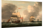 An English Two-Decker Lying Hove to, with Other Ships and Vessels in a Fresh Breeze by Dominic Serres