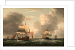 An English Two-Decker Lying Hove to, with Other Ships and Vessels in a Fresh Breeze by Dominic Serres