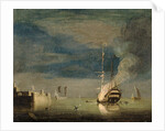 A Two-Decker on Fire at Night off a Fort by Charles Brooking