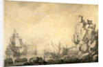 Ships and Militia by a Rocky Shore English and Dutch Ships with Armed Men by a Rocky, Fortified Shore by The Elder