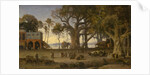 Moonlit Scene of Indian Figures and Elephants among Banyan Trees by Auguste Borget