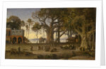 Moonlit Scene of Indian Figures and Elephants among Banyan Trees by Auguste Borget