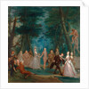 Scene in a park, with figures from the Commedia dell'Arte A Harliquinade by Marcellus Laroon the Younger