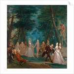 Scene in a park, with figures from the Commedia dell'Arte A Harliquinade by Marcellus Laroon the Younger