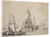 A ship in a port near a ruined obelisk by Pierre Puget