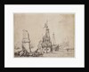 A ship in a port near a ruined obelisk by Pierre Puget