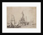 A ship in a port near a ruined obelisk by Pierre Puget