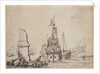 A ship in a port near a ruined obelisk by Pierre Puget