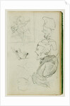 Studies of lion, compositional group figure study, two caricature head studies by Théodore Géricault