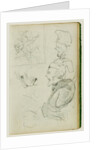 Studies of lion, compositional group figure study, two caricature head studies by Théodore Géricault