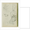Studies of lion, compositional group figure study, two caricature head studies by Théodore Géricault