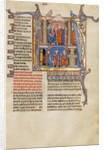Initial A: Two Men before a King and A Man Speaking to a Family by Anonymous