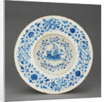 Blue and White Dish with a Merchant Ship by Anonymous