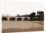 Railroad bridge and arched bridge over river, Bridges by Anonymous