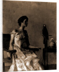Lady sitting on chair next to parrot by Thomas Wilmer Dewing