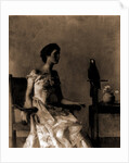 Lady sitting on chair next to parrot by Thomas Wilmer Dewing