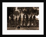 Women with umbrellas walking and trees in background by Sir Alfred East