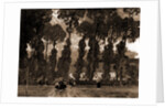 Women with umbrellas walking and trees in background by Sir Alfred East