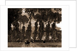 Women with umbrellas walking and trees in background by Sir Alfred East
