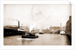 Chicago River scene with steamboat and industrial waterfront by Anonymous