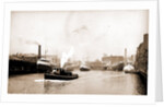 Chicago River scene with steamboat and industrial waterfront by Anonymous
