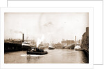 Chicago River scene with steamboat and industrial waterfront by Anonymous