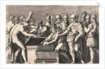 Alexander the Great Preserving the Works of Homer in Achilles' Sarcophagus, ca. 1512-1530 by Marcantonio Raimondi