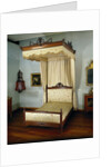 Bed of oak, with sky and loose curtains by Anonymous