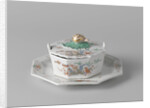 Butter dish on saucer with a lid topped by a button in the shape of a snail by Anonymous