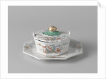 Butter dish on saucer with a lid topped by a button in the shape of a snail by Anonymous