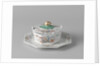 Butter dish on saucer with a lid topped by a button in the shape of a snail by Anonymous