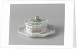 Butter dish on saucer with a lid topped by a button in the shape of a snail by Anonymous