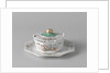 Butter dish on saucer with a lid topped by a button in the shape of a snail by Anonymous