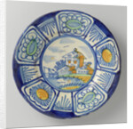 Plate, polychrome-painted the flat landscape with houses and a drawbridge; edge with five courses a stylized flower. by Anonymous