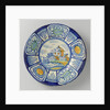Plate, polychrome-painted the flat landscape with houses and a drawbridge; edge with five courses a stylized flower. by Anonymous