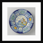 Plate, polychrome-painted the flat landscape with houses and a drawbridge; edge with five courses a stylized flower. by Anonymous