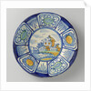 Plate, polychrome-painted the flat landscape with houses and a drawbridge; edge with five courses a stylized flower. by Anonymous