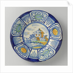 Plate, polychrome-painted the flat landscape with houses and a drawbridge; edge with five courses a stylized flower. by Anonymous