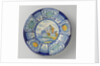 Plate, polychrome-painted the flat landscape with houses and a drawbridge; edge with five courses a stylized flower. by Anonymous